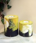 2 drewniane świeczniki, czarno-żółte