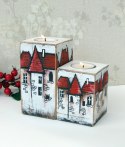 2 drewniane świeczniki - Domki z czerwonymi daszkami
