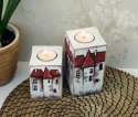 2 drewniane świeczniki - Domki z czerwonymi daszkami