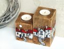 2 drewniane świeczniki z malowanymi domkami