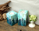 Turkusowo-zielone świeczniki ręcznie malowane